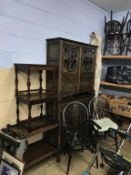 Two oak cabinets, tea trolley and set of six chairs etc.