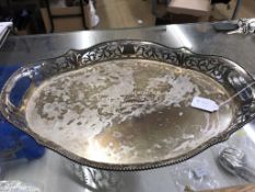 A silver two handled tray, with pierced gallery, weight 29oz