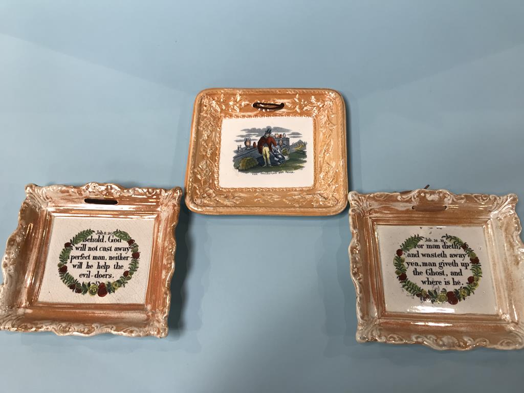 Three 19th century Sunderland orange lustre plaques, 'The Collecting Dog Rover', and two religious