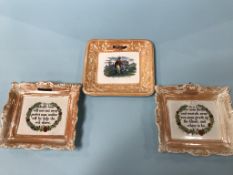 Three 19th century Sunderland orange lustre plaques, 'The Collecting Dog Rover', and two religious