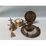 A ships clock, porthole, ships bell and dinner gong and stand