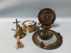 A ships clock, porthole, ships bell and dinner gong and stand