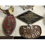 Three cast wall mounted signs, 'FC Hibberd and Co Ltd', 'Planet Loco no's 3967, London NW10' and two