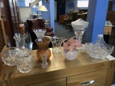 Two pieces of colourful Scottish glassware, a glass table lamp etc.