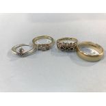 Three 9ct gold dress rings, 8g and one silver ring