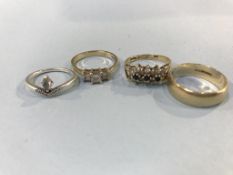 Three 9ct gold dress rings, 8g and one silver ring