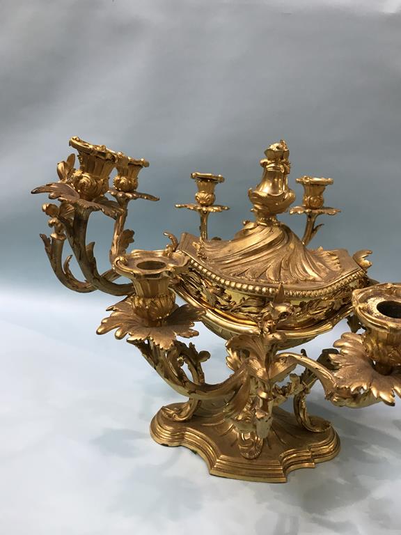 An impressive gilt metal Rococo style table centre piece, the central lidded dish surrounded by four - Image 3 of 8