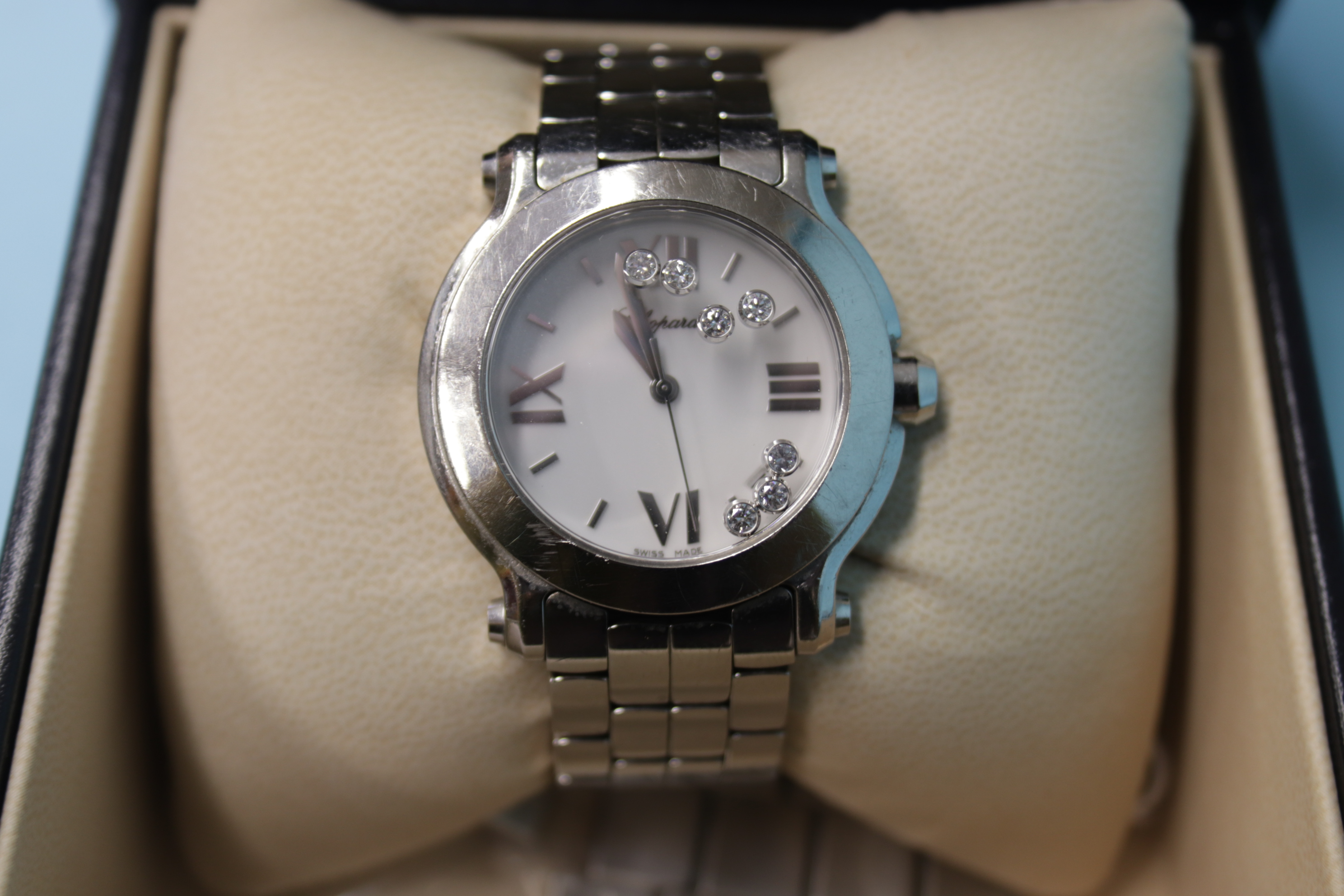 A Chopard 'Happy Sport' stainless steel wristwatch, with white dial and seven moving diamonds, boxed - Image 2 of 2