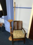 A barley twist pedestal, chair and lamp