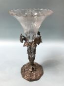 A silver plated naturalistic epergne, with etched glass vase, 32cm height