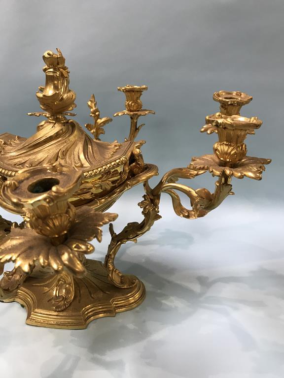 An impressive gilt metal Rococo style table centre piece, the central lidded dish surrounded by four - Image 2 of 8