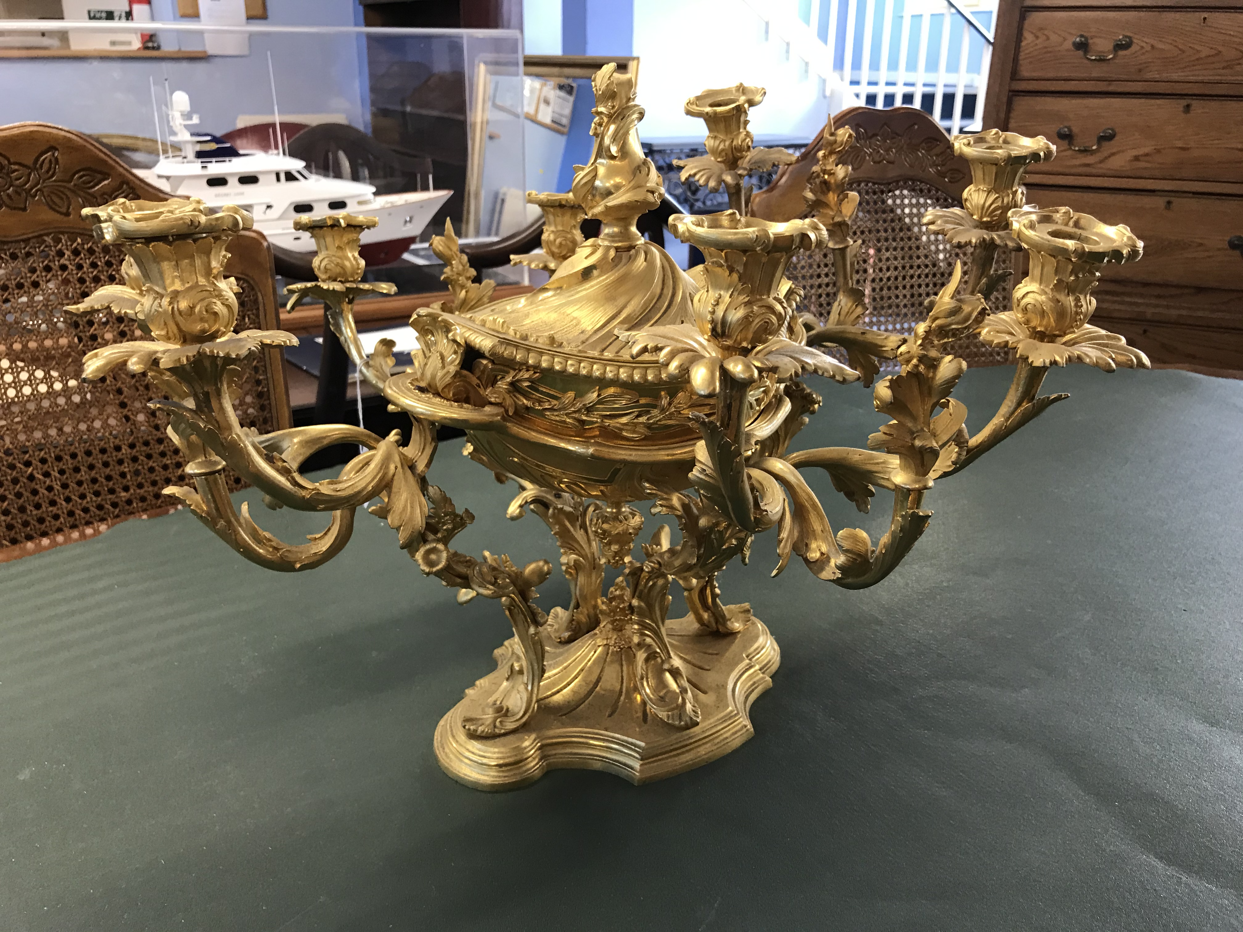 An impressive gilt metal Rococo style table centre piece, the central lidded dish surrounded by four - Image 8 of 8