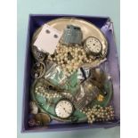 A tray of assorted jewellery, to include pocket watches etc.