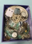 A tray of assorted jewellery, to include pocket watches etc.