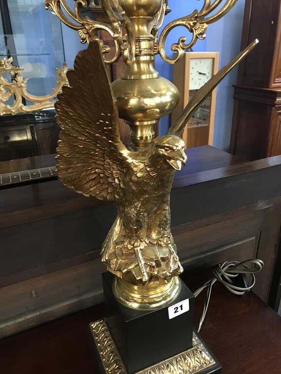 An impressive pair of Empire style gilt metal winged eagle table lamps, 94cm high - Image 3 of 3