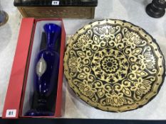 A boxed Nason and Moretti blue glass vase and a large glass gilt decorated shallow glass dish,