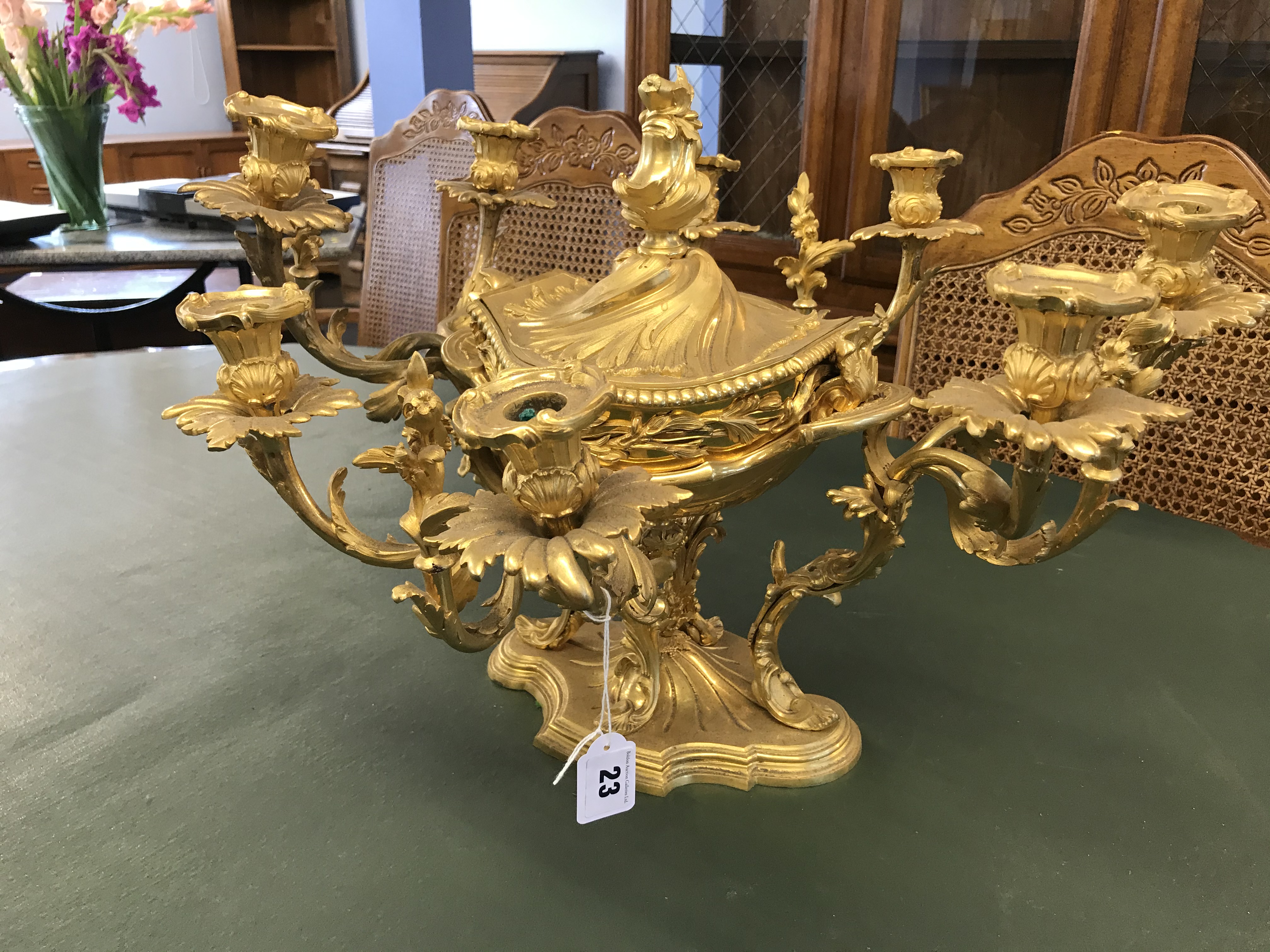 An impressive gilt metal Rococo style table centre piece, the central lidded dish surrounded by four - Image 5 of 8