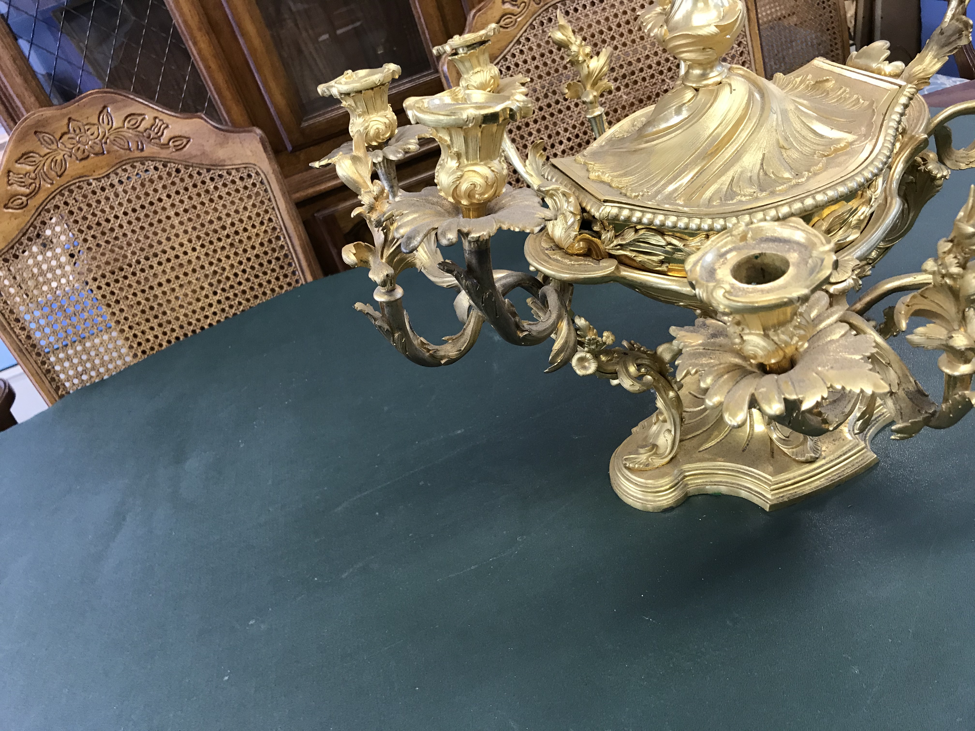 An impressive gilt metal Rococo style table centre piece, the central lidded dish surrounded by four - Image 7 of 8