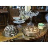 Two glass tazza, copper moulds etc.