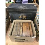 A tin trunk and two wooden boxes