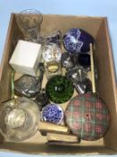 A tray of assorted, to include Mary Gregory glass, silver purse etc.
