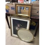 Three gilt framed mirrors and a print