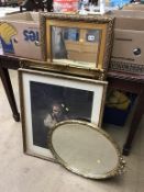 Three gilt framed mirrors and a print