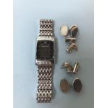 A gents Armani wristwatch and two pairs of silver cufflinks