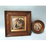 A framed pot lid 'Uncle Toby' and a small oil of a sheep's head, 12cm x 12cm