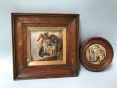 A framed pot lid 'Uncle Toby' and a small oil of a sheep's head, 12cm x 12cm