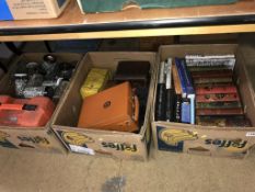 Three boxes of assorted, to include tools and books etc.