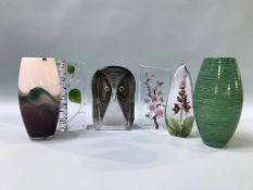 Four Mats Jonasson Maleras Swedish Glass works of art, a Bob Crooks glass vase and a Caithness vase