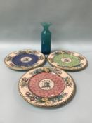 A Mdina glass vase and three Maling plates