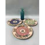 A Mdina glass vase and three Maling plates