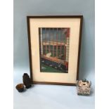 A framed Japanese print, of a cat staring out of a window, a small koro and cover and a carved