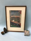 A framed Japanese print, of a cat staring out of a window, a small koro and cover and a carved