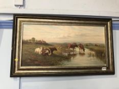 Style of Thomas Sidney Cooper, oil on canvas, unsigned, 'Cattle watering by riverside', 30 x 60cm