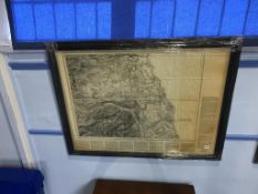 A large framed map of Newcastle Upon Tyne and Sunderland, 77 x 103cm