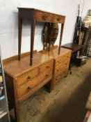 A dressing chest, oak chest of drawers, side table and a Treddle sewing machine