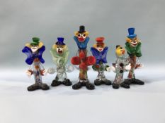 Six coloured glass Murano clowns