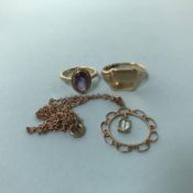 Two 9ct gold rings, and a 9ct gold necklace, 9.7g