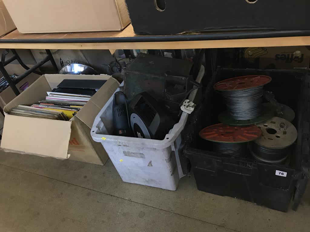 Four boxes of assorted, to include LPs, tools and a quantity of wire cables etc.