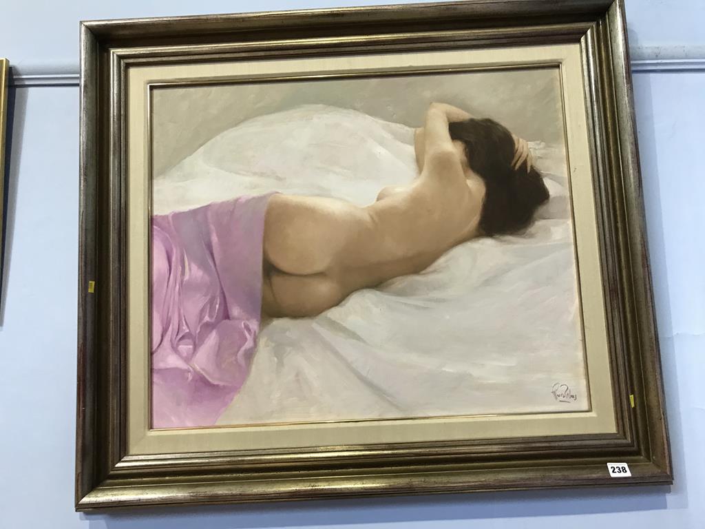 Oil on canvas, 'Nude lying on bed', Luis Ribas, 97 x 84cm - Image 2 of 3