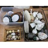 Three boxes of assorted, to include onyx eggs, Minton and Wedgwood etc.