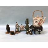 A collection of Oriental figures, and a tea pot etc.