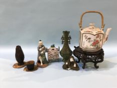 A collection of Oriental figures, and a tea pot etc.