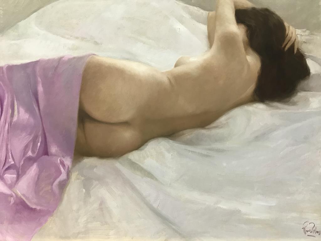Oil on canvas, 'Nude lying on bed', Luis Ribas, 97 x 84cm
