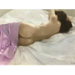 Oil on canvas, 'Nude lying on bed', Luis Ribas, 97 x 84cm