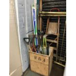 Assorted garden tools and skis etc.