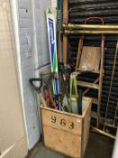 Assorted garden tools and skis etc.